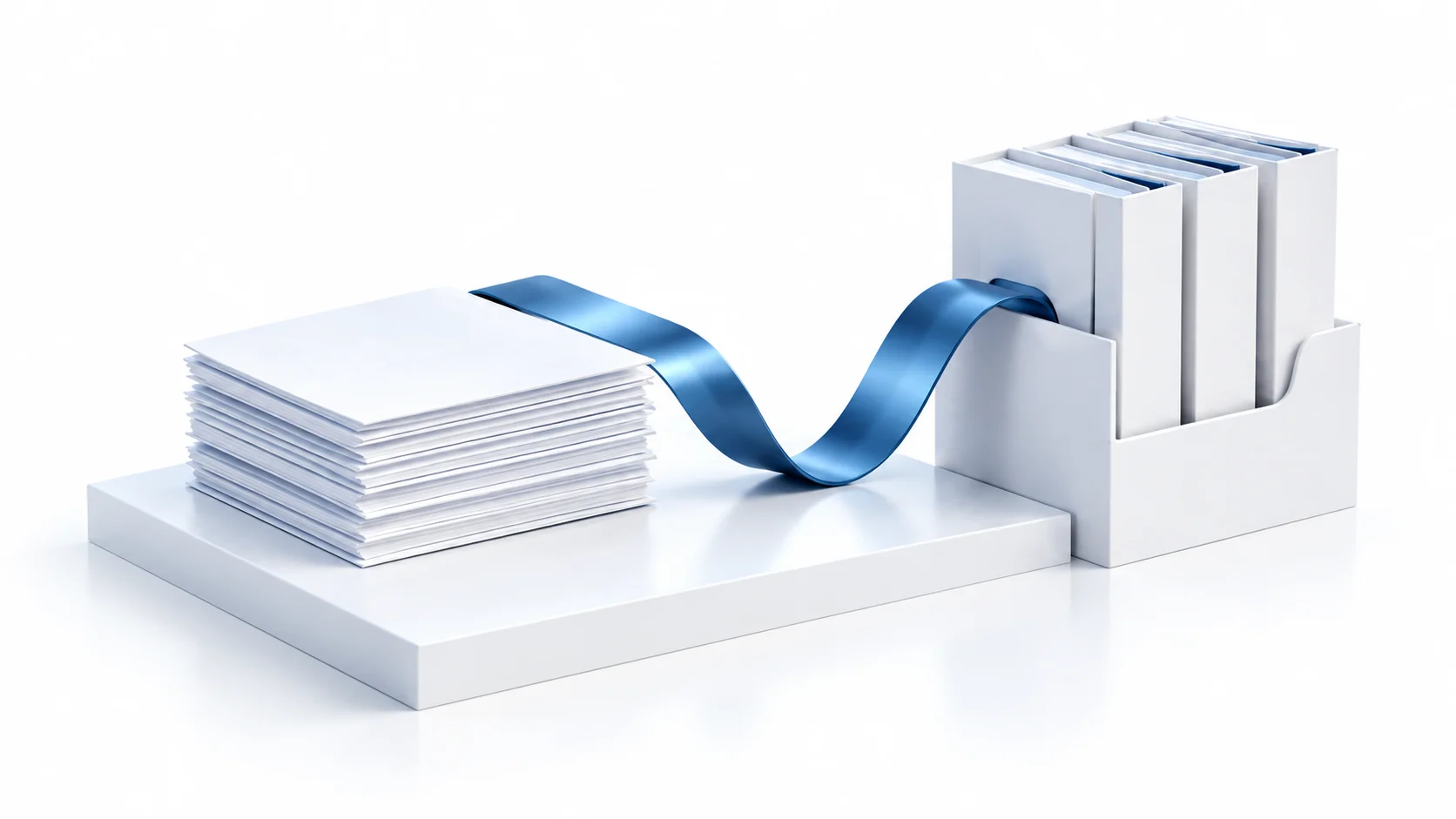 Documentación empresarial y archivos conectados por una cinta azul