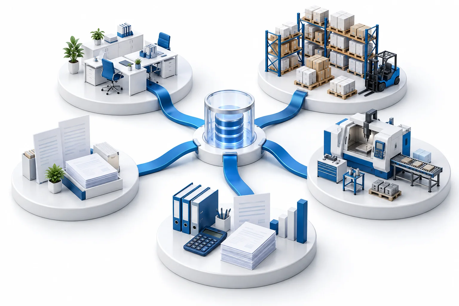 Módulos de gestión, documentación, almacén y producción unidos en un sistema ERP