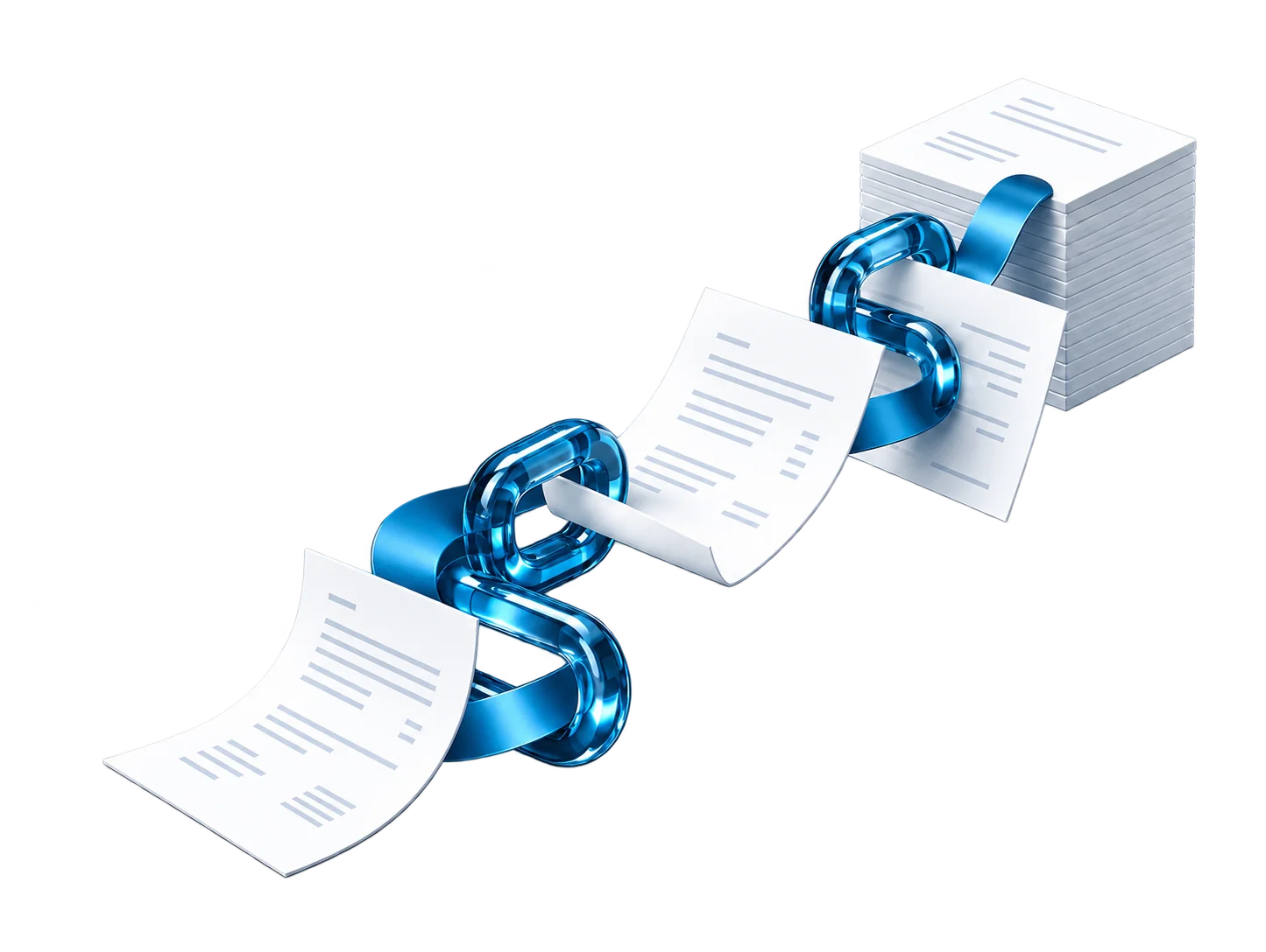Documentos de facturación unidos por una cadena azul que representa integridad y trazabilidad
